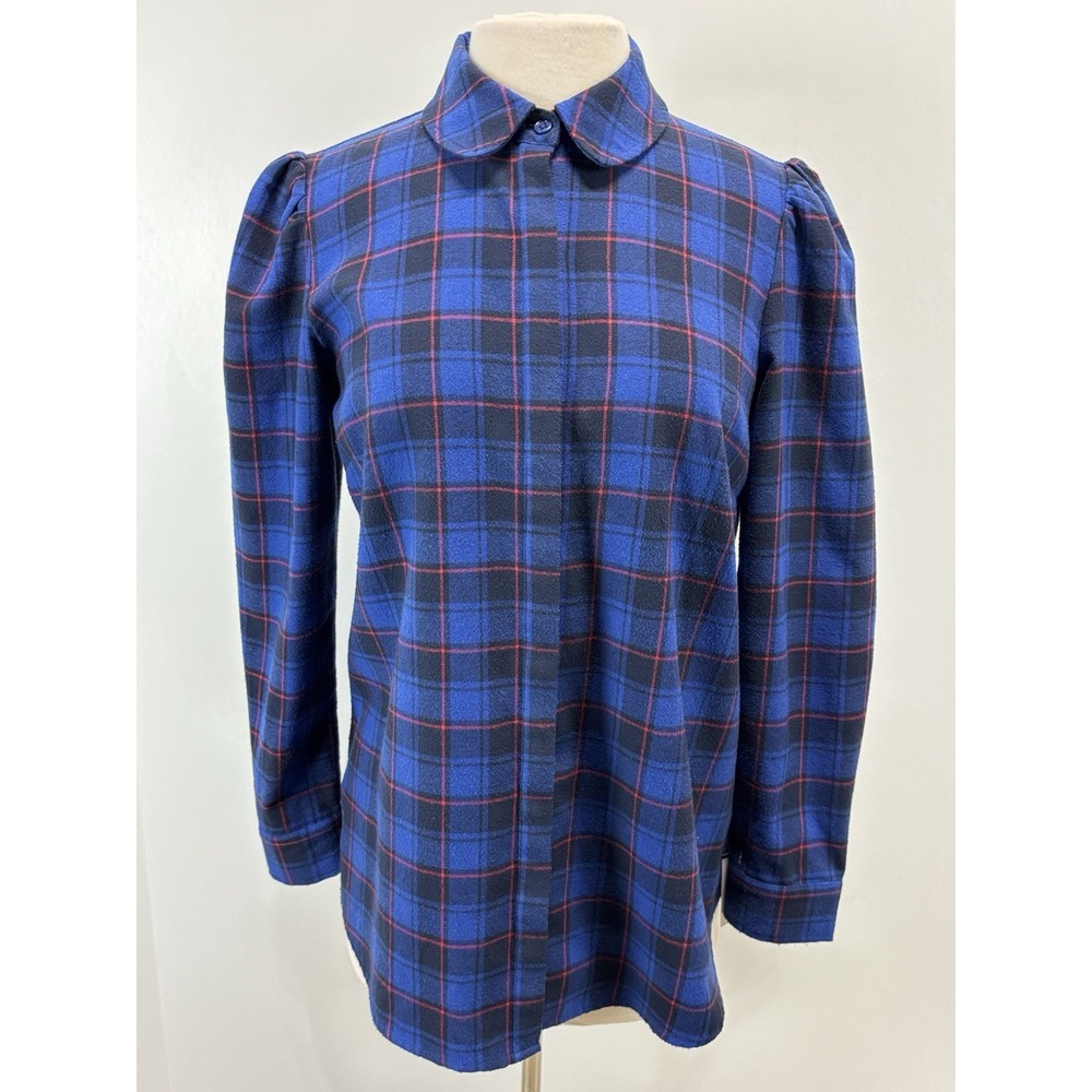 Tuckernuck Saranac Plaid Button Front Shirt Sz Medium Women's Blue Puff Sleeve